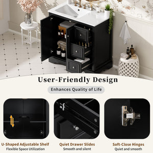 Bathroom Vanity With Sink, Soft-Close Doors, Adjustable U-Shelf, 3 Drawers