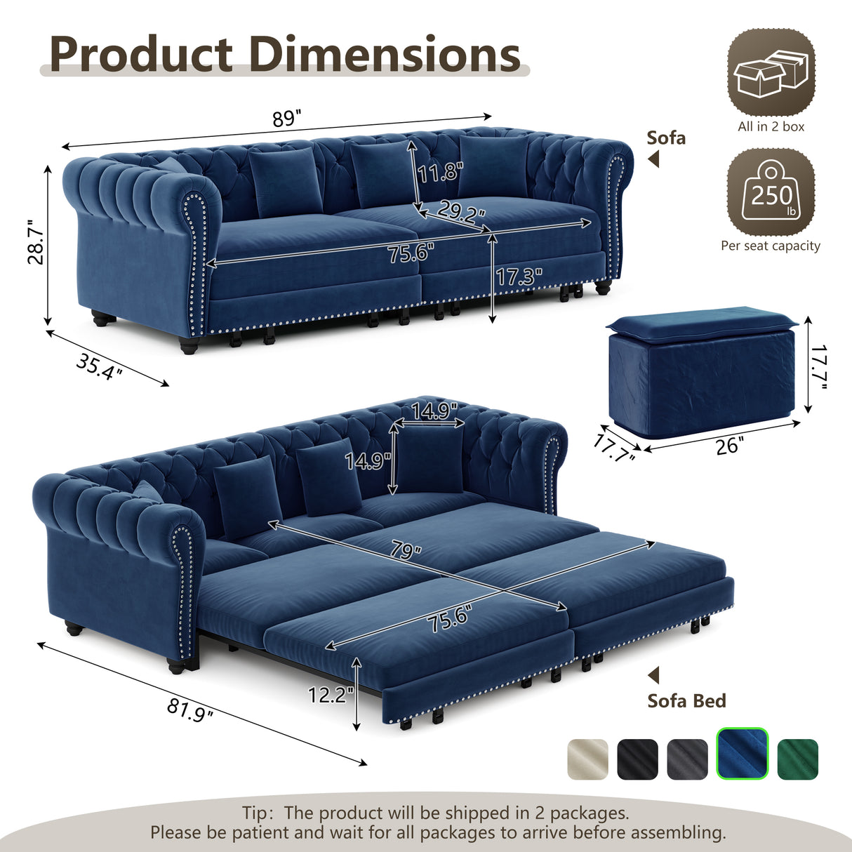 Chesterfield 3-in-1 Pull-Out Sofa Bed, Convertible Sleeper Sofa