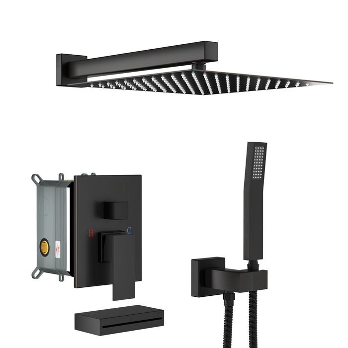 Square Shower System with Waterfall Tub Spout and Valve - Black
