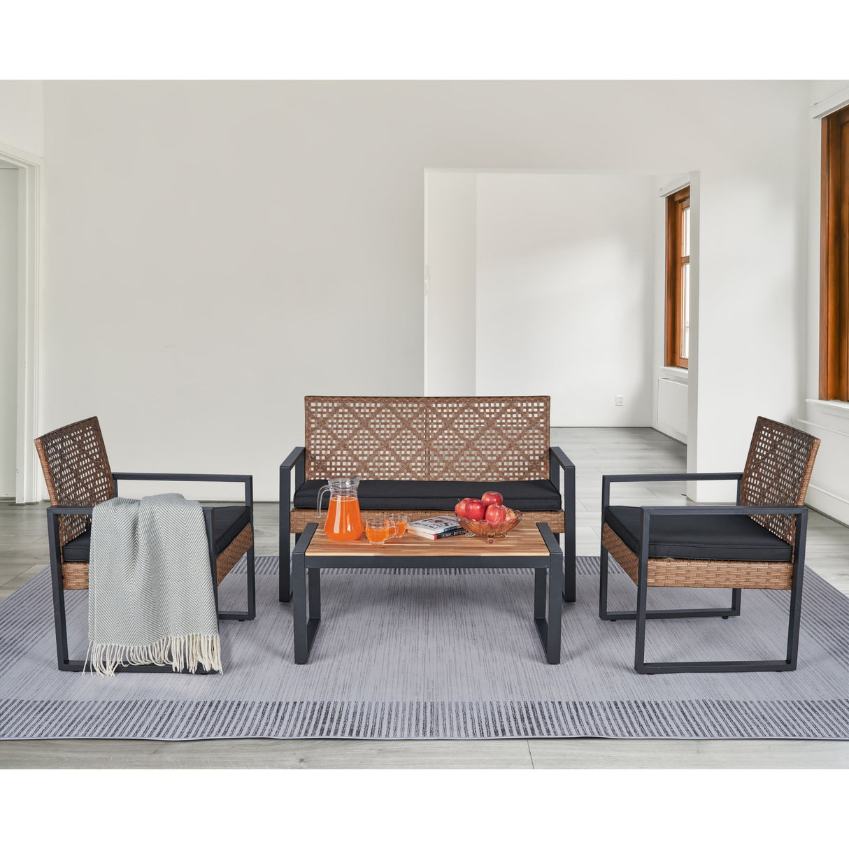 4 Piece Patio Furniture Set With Acacia Wood Table Top And Cushions
