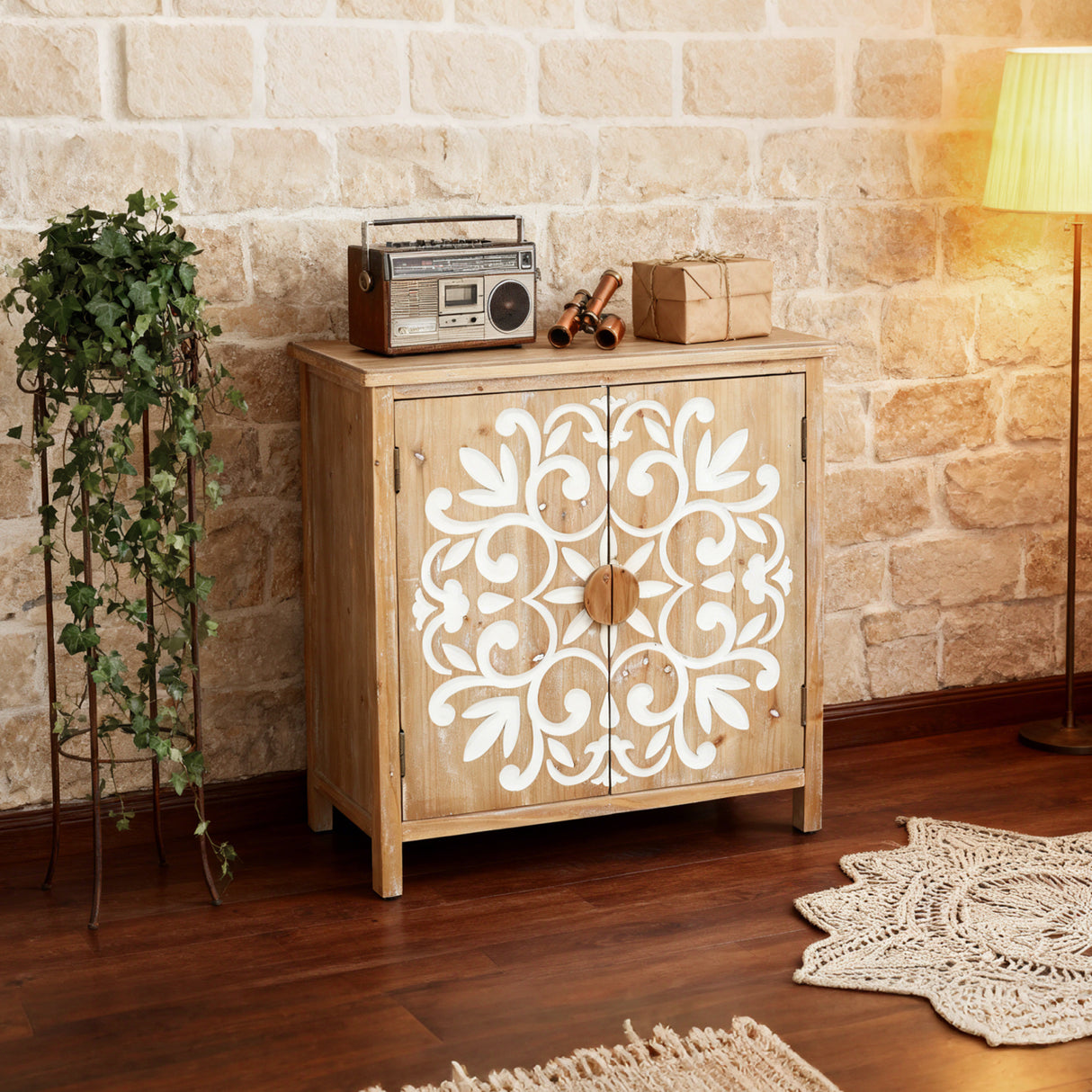 Rustic Wooden Accent Cabinet with Floral Carved Doors