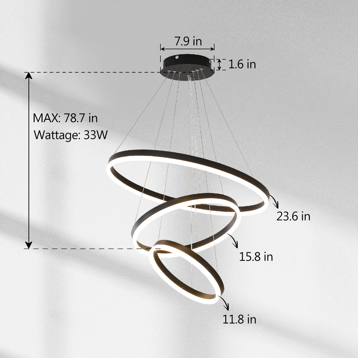 Modern 3 Rings Chandelier with Remote Control