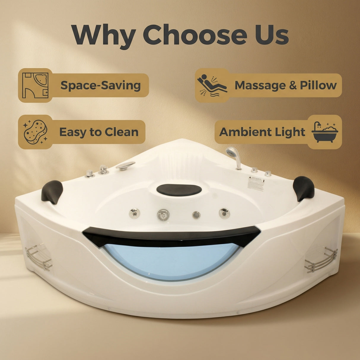 59" Corner Whirlpool Bathtub for 2-Person