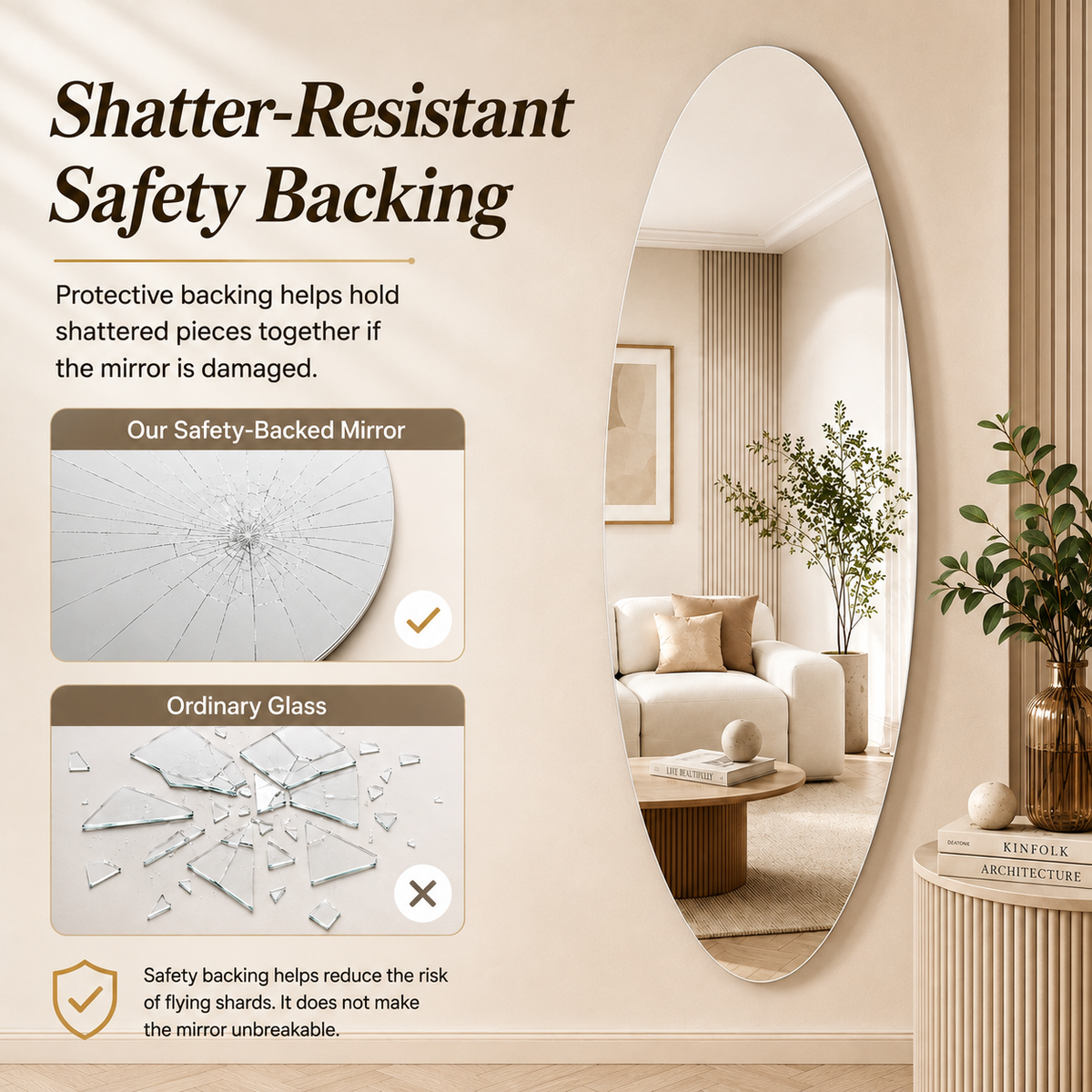65" x 21" Modern Oval Full Length Wall Mirror, HD Copper-Free