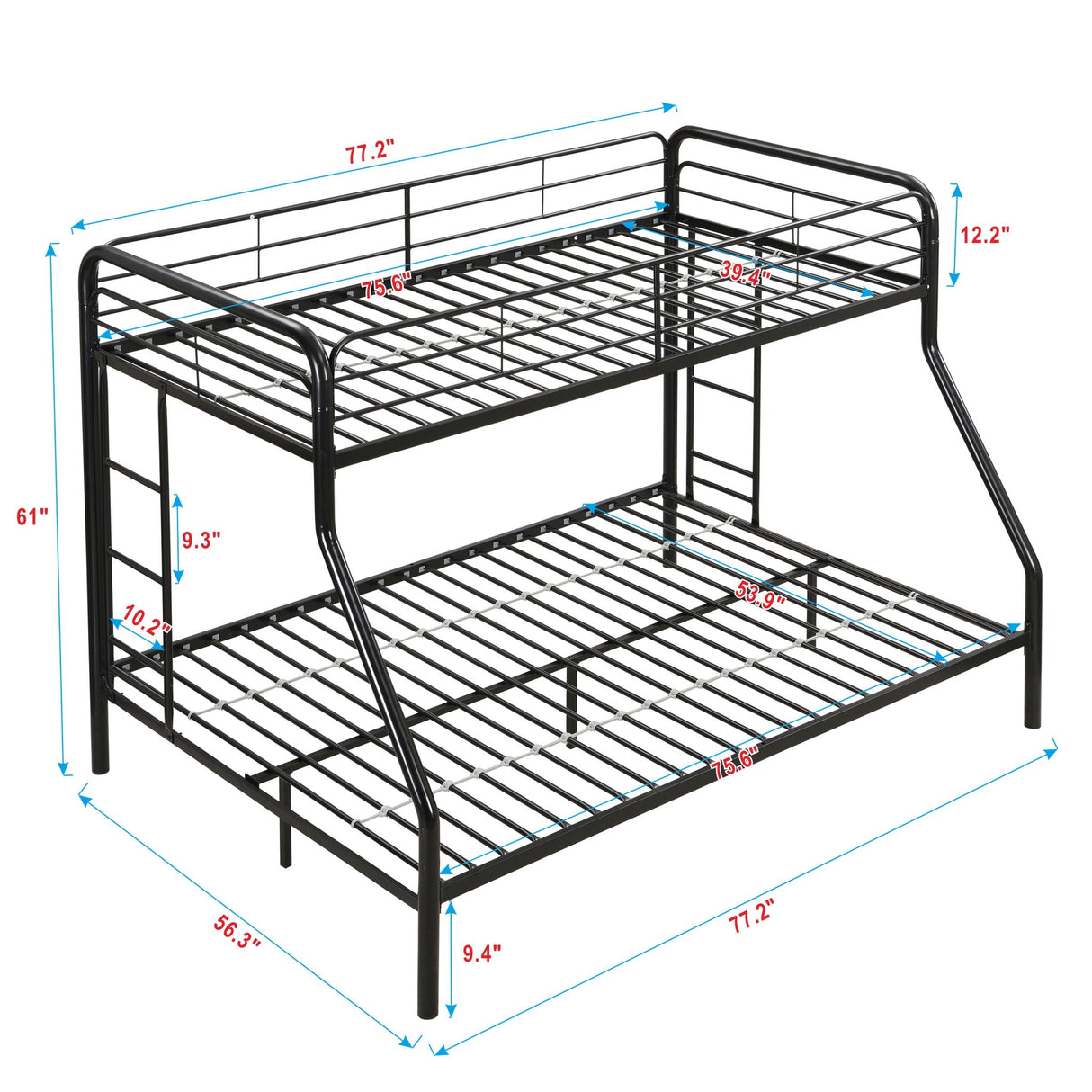 Modern Twin Over Full Metal Bunk Bed with Trundle and Dual Side Ladders