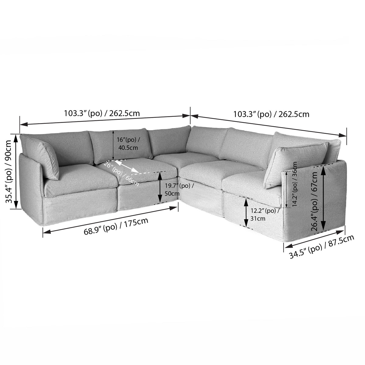 Patio L Shaped Sectional, Grey, Deep Seating with Modular Design