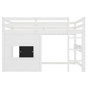 Twin Size Loft Bed With Sliding Chalkboard & Bookshelf