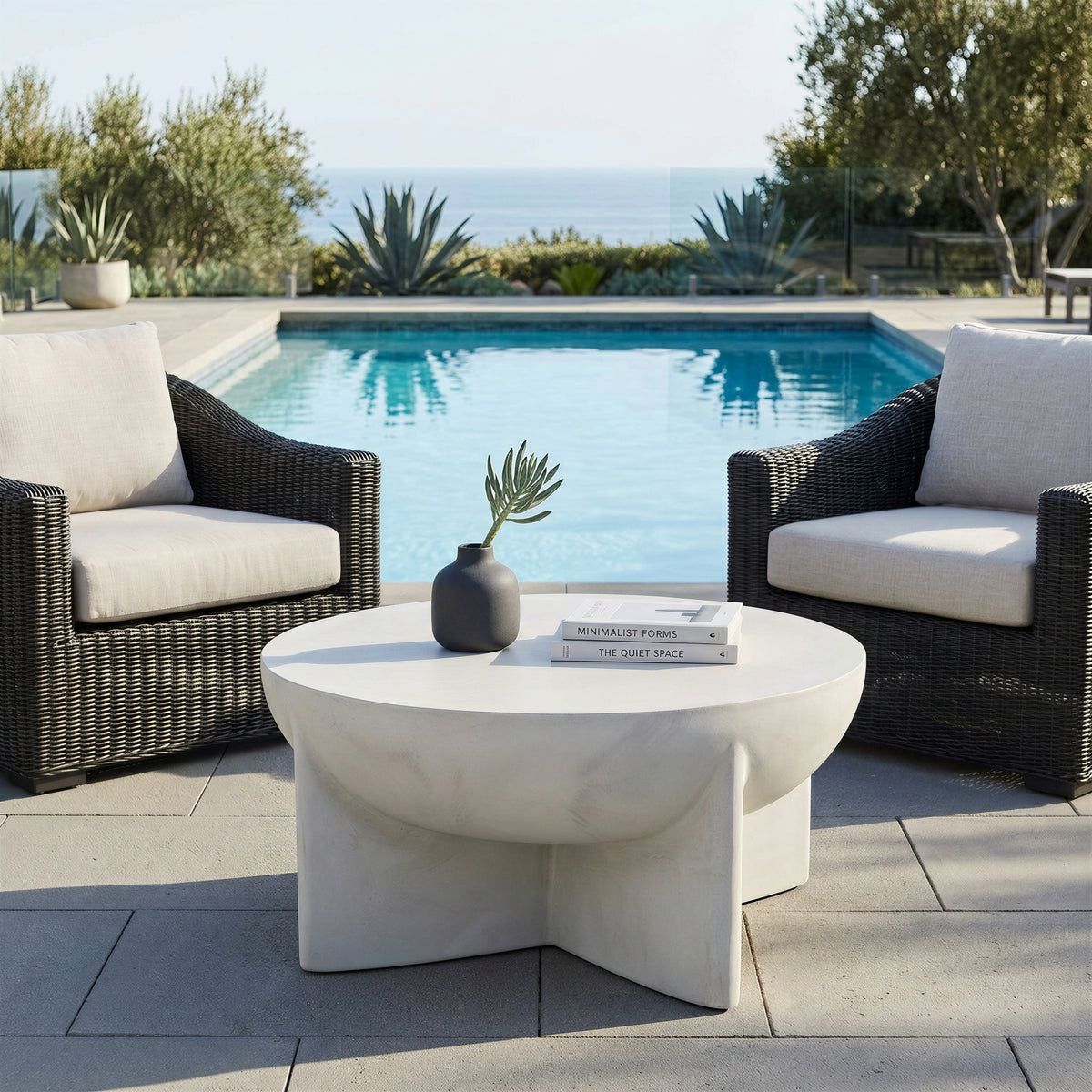 Matte White Round Coffee Table, Magnesium Oxide Sculptural Tripod Base