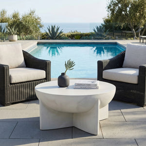 Matte White Round Coffee Table, Magnesium Oxide Sculptural Tripod Base