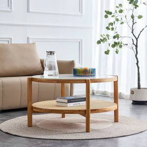 Modern Style Circular Double Layer Tea Table With Rattan Weave