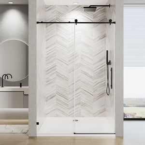 Frameless Single Sliding Soft Close Shower Door, 5 / 16" Clear Nano Coated Tempered Glass And 304 Stainless Steel Handle - Matte Black
