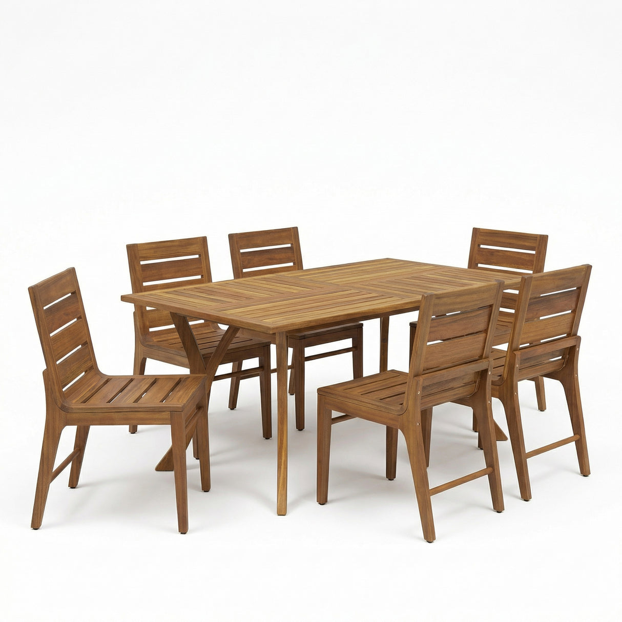 7 Piece Outdoor Acacia Wood Dining Set, Teak Finish Patio Table with 6 Slatted Back Chairs