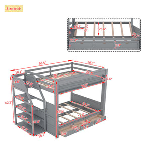 Wood Full Size Convertible Bunk Bed With Storage Staircase, Bedside Table, And 3 Drawers - Gray