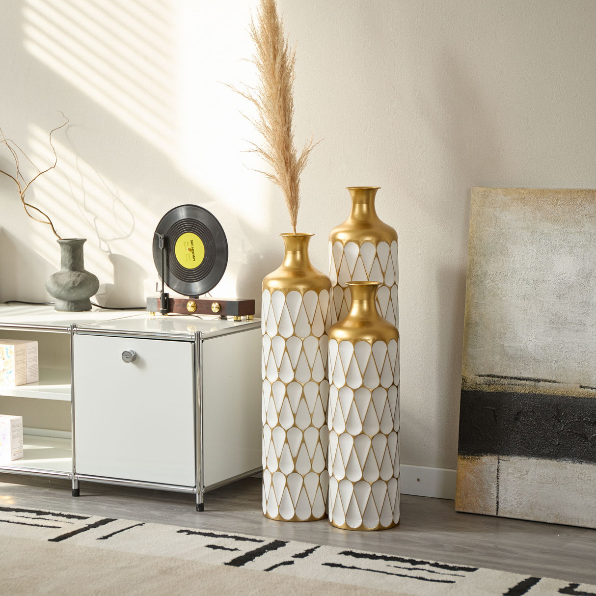 Floor Metal Vase Modern Style Decoration Home Droplet Shaped Metal Vase 3 Piece Set Gorgeous Home Decoration Large Glazed Metal Vase - Gold / White