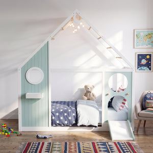 Twin House Bed with Slide, Ball Light Strip, Wooden Playhouse Design