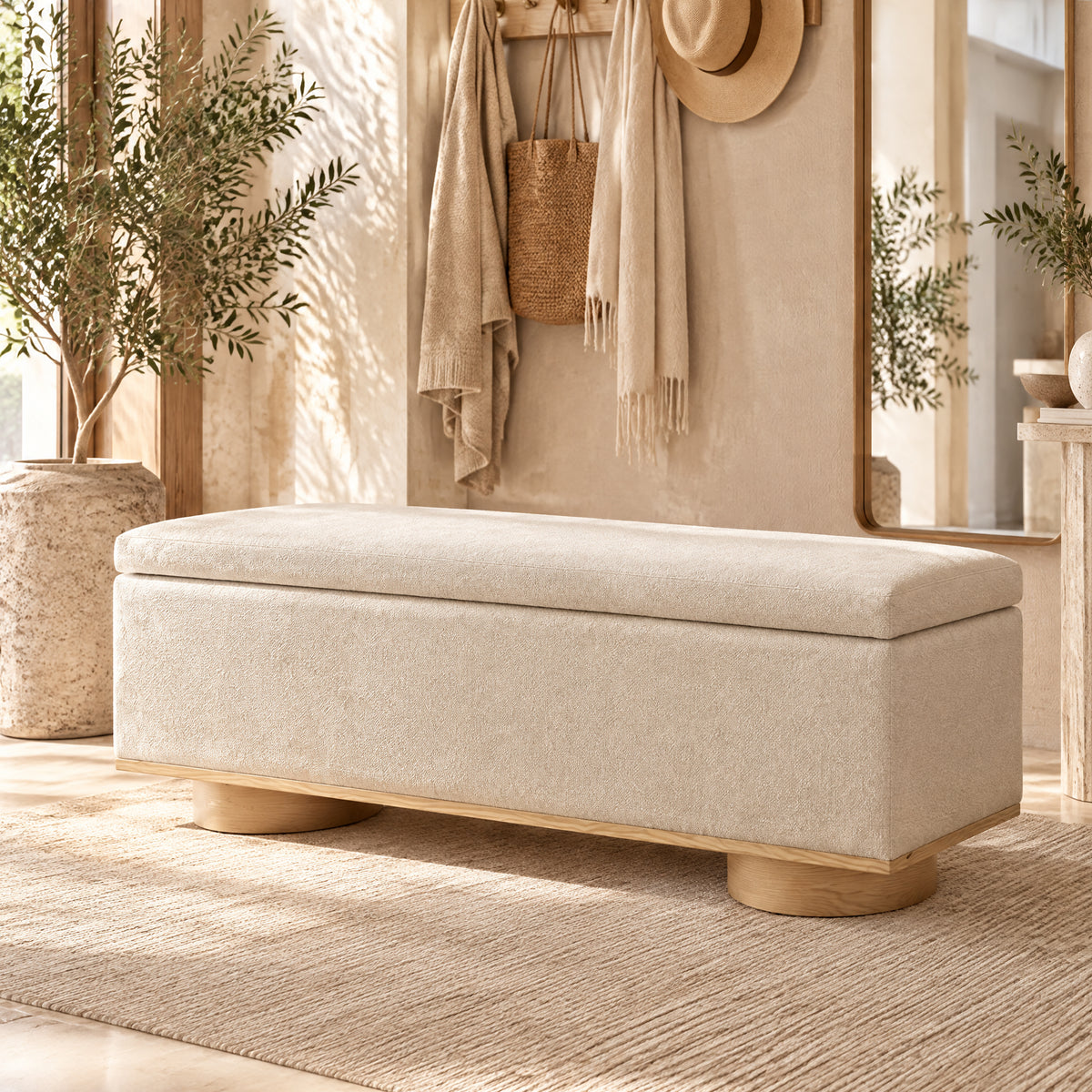 Modern 50" Oatmeal Upholstered Storage Bench