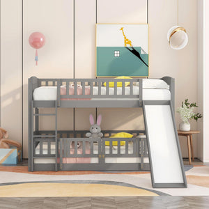 Low Bunk Bed With Slide, Fence And Ladder