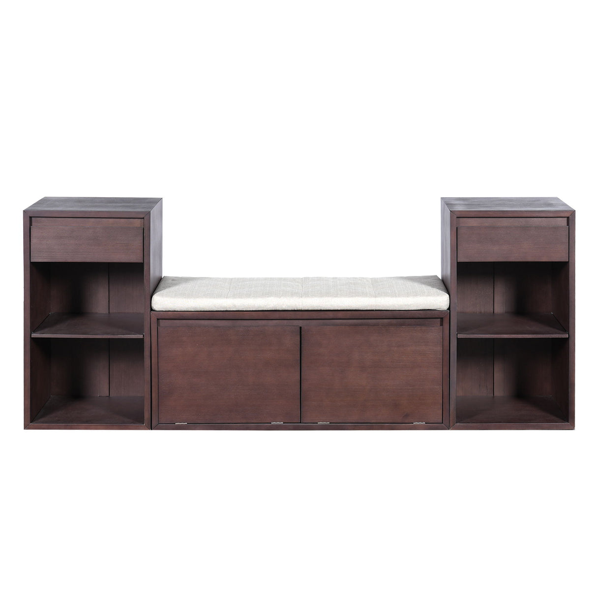 Entryway Storage Bench With Cushion, Drawers & Open Shelves