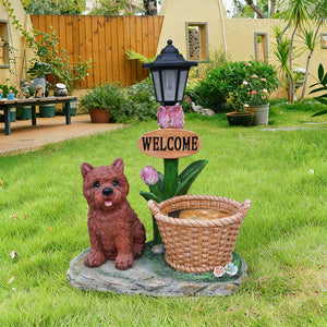 Sitting Puppy Solar Planter Outdoor Statue