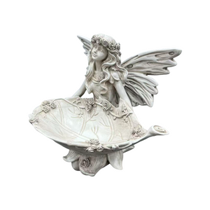 12.80" High Garden Fairy Figurine, 14.37" Wide Resin Angel Statue with Leaf Tray, Multi-Functional Bird Feeder & Decorative Tray for Outdoor & Indoor Use