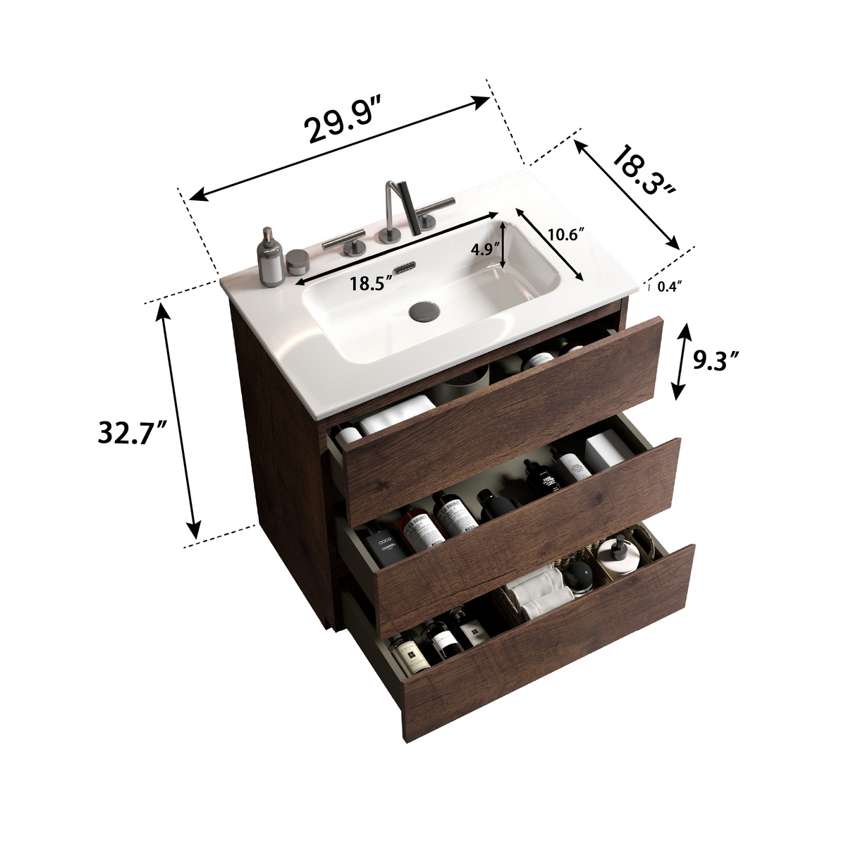 TIA 30" Walnut Bathroom Vanity with Ceramic Sink