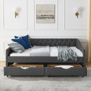 Upholstered Tufted Daybed With Drawers, Waved Arms