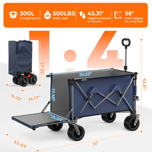 300L Heavy Duty Beach Wagon with Expandable Tailgate - Garden Cart