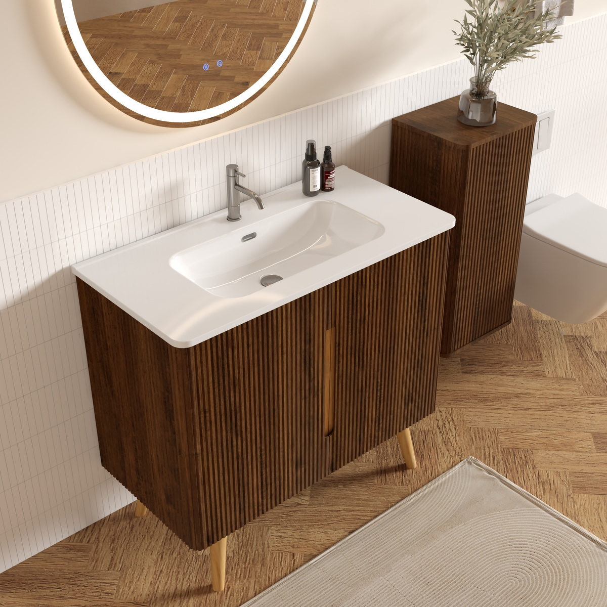 Etna 36-Inch Bathroom Vanity with Ceramic Sink, Walnut Striped