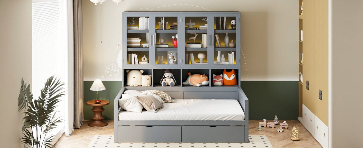 Daybed With Glass Door Storage Cabinets, Built In LED Lighting And Shelves