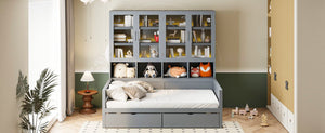 Daybed With Glass Door Storage Cabinets, Built In LED Lighting And Shelves