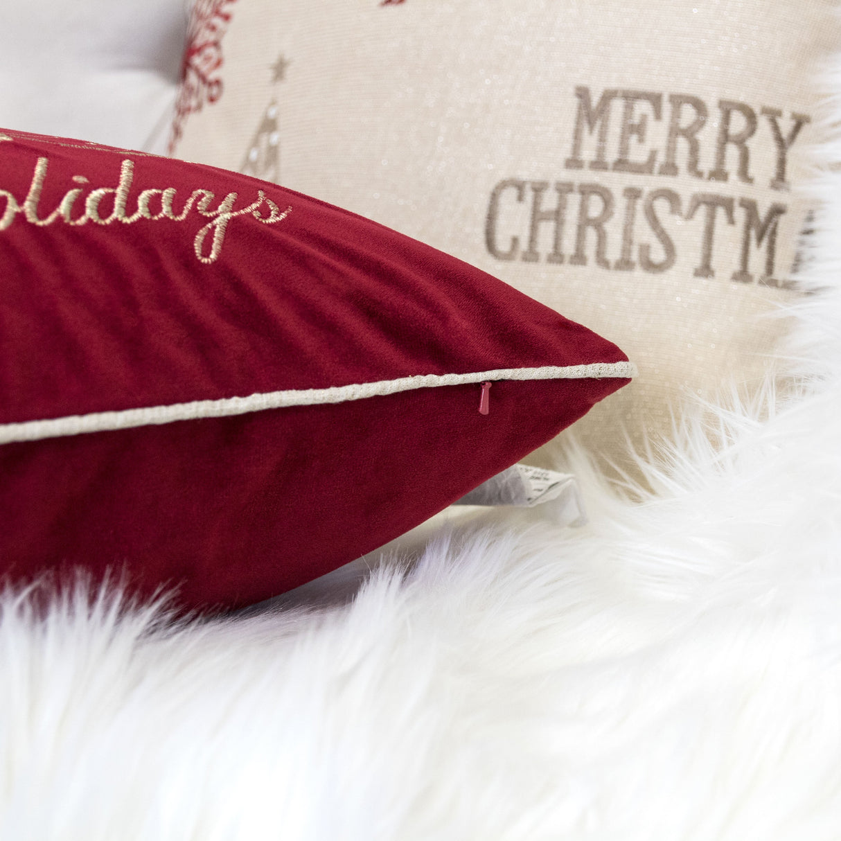 Happy Holidays Embroidered Velvet Throw Pillow