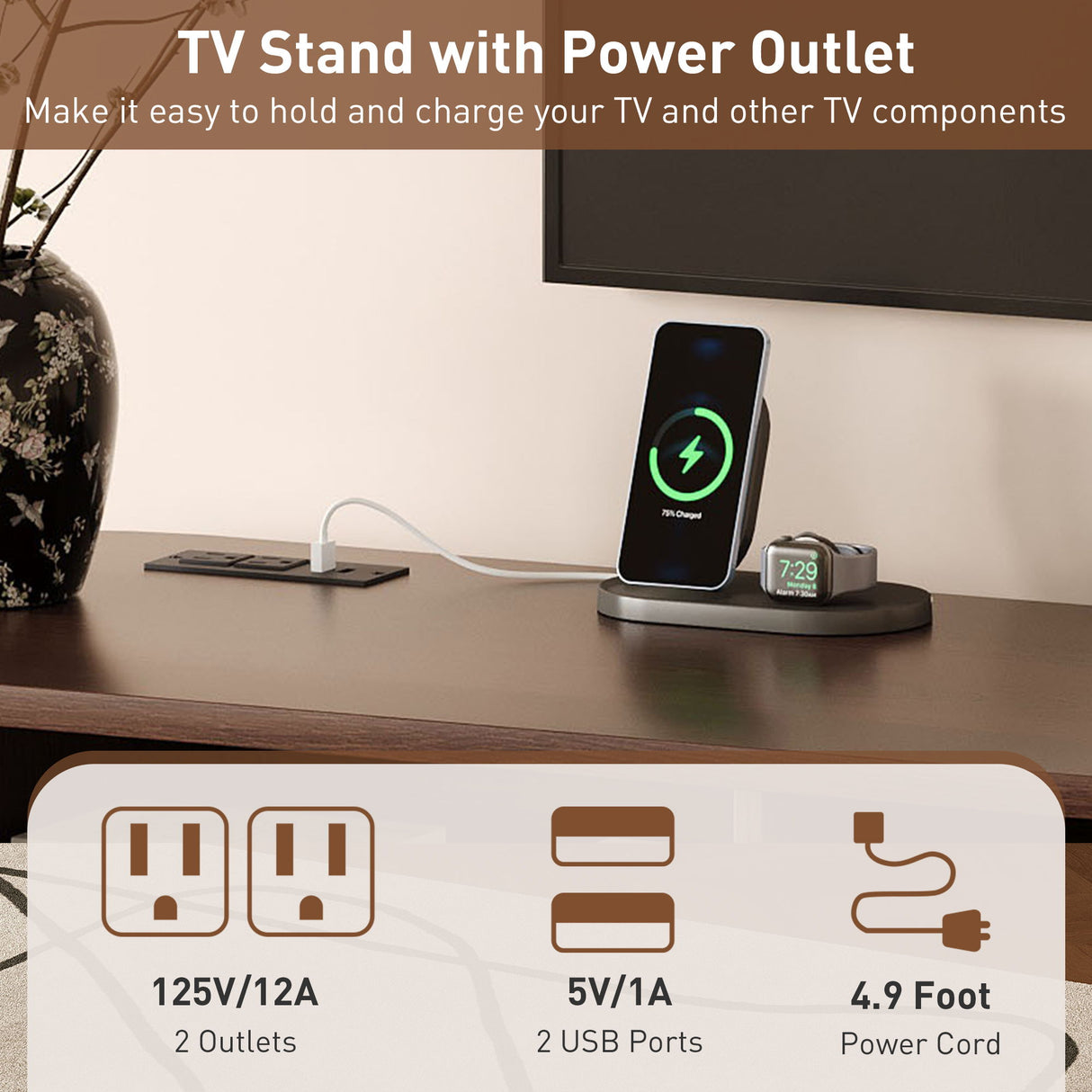TV Stand For 70" TV, Console With Tambour Doors, Drawers And Built In Power Outlet - Dark Brown