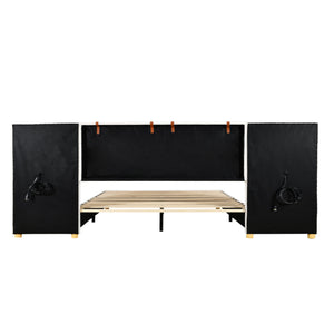 Upholstered Platform Bed, 2 Outlets And USB Charging Ports On Both Sides, 2 Bedside Pillows, Storage Shelves