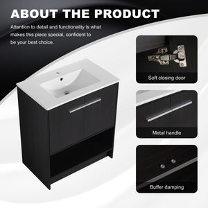 Modern Bathroom Vanity With Ceramic Sink, Freestanding Cabinet, Soft Closing Doors