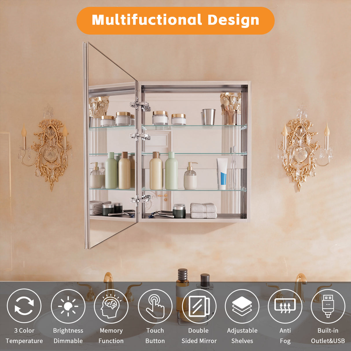 Bathroom LED Lighted Medicine Cabinet with Storage, 24" W x 30" H