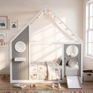 Twin House Bed with Slide, Ball Light Strip - Gray