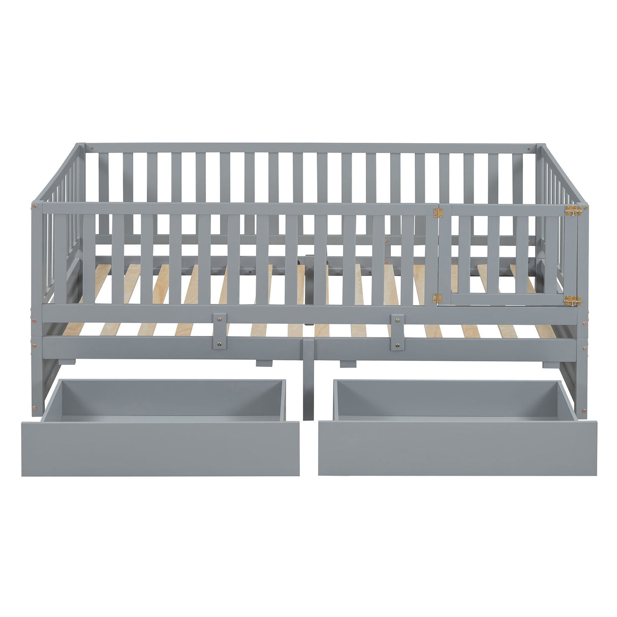 Daybed With Fence Guardrails And 2 Drawers, Split Into Independent Floor Bed & Daybed