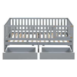 Daybed With Fence Guardrails And 2 Drawers, Split Into Independent Floor Bed & Daybed