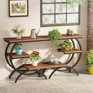 C-Shaped 3 Tier Side Table - Rustic Brown