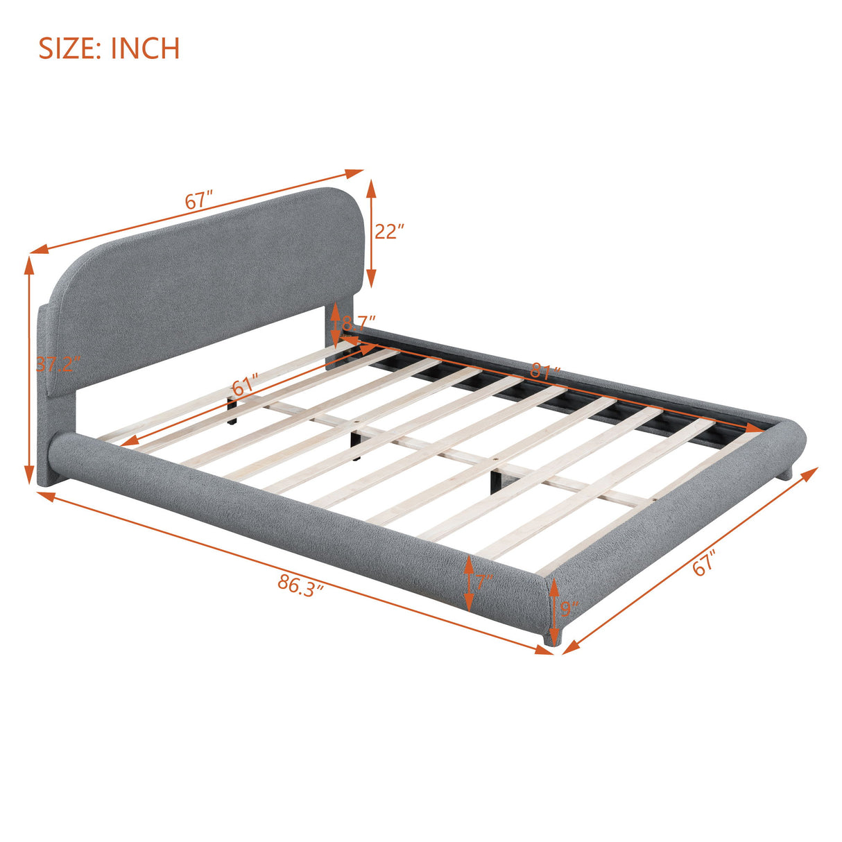 Upholstered Platform Bed With Thick Solid Frame And Stylish Curve-Shaped Design
