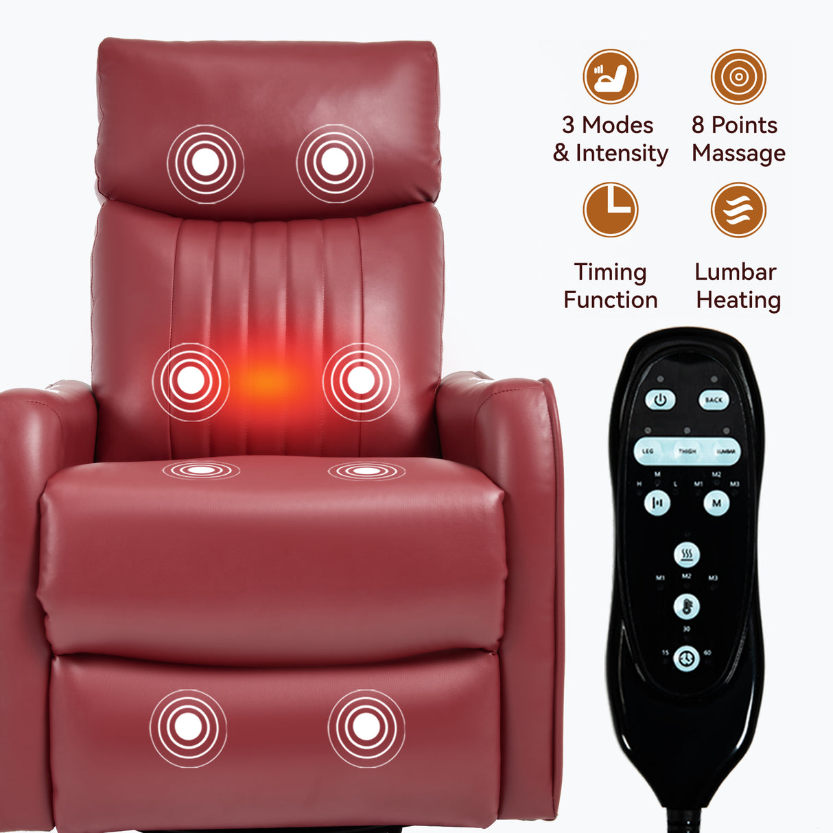 Red Faux Leather Heat Massage Manual Recliner Chair with Rocker and Swivel