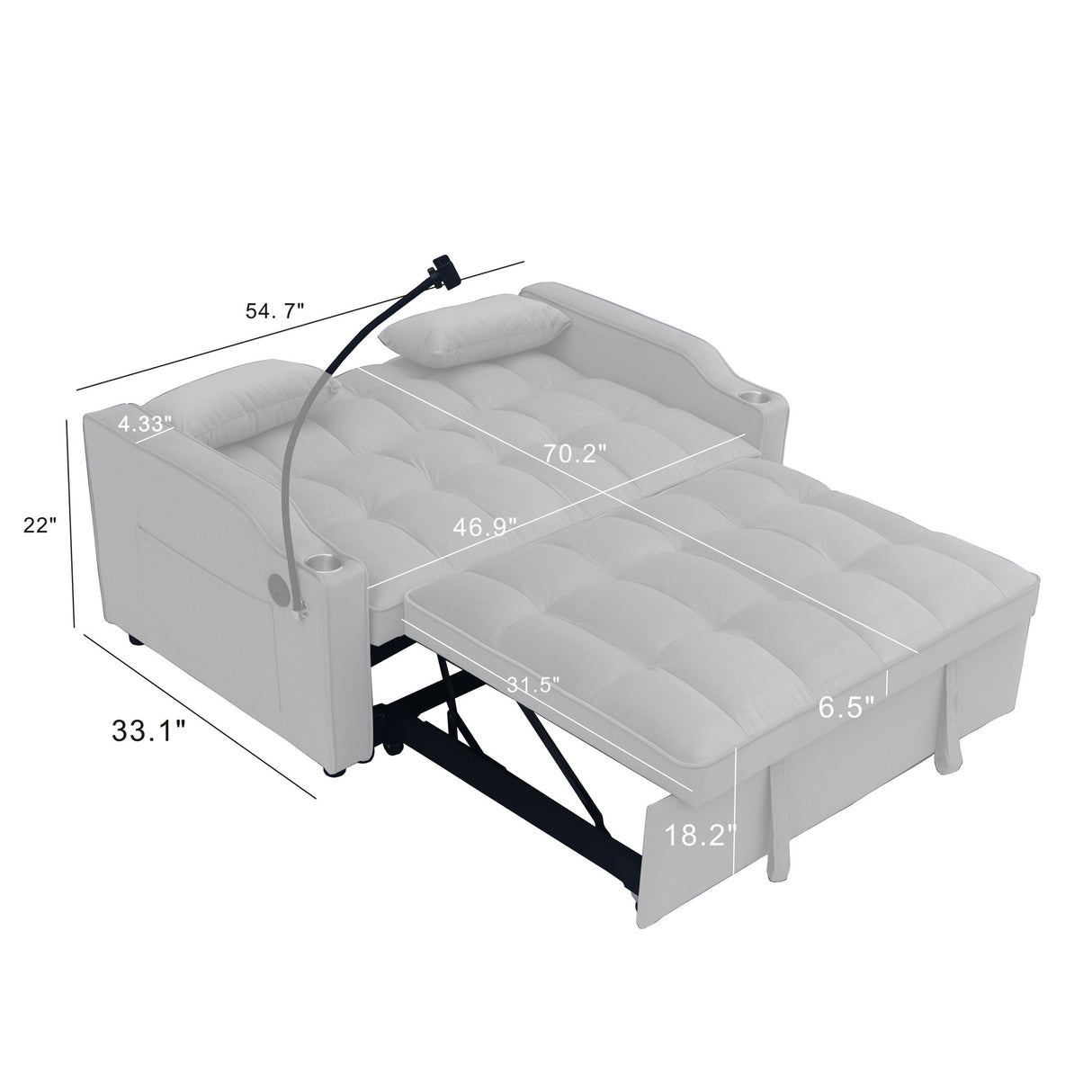 Modern Loveseat With Pullout Bed, Adjustable Reclining Backrest
