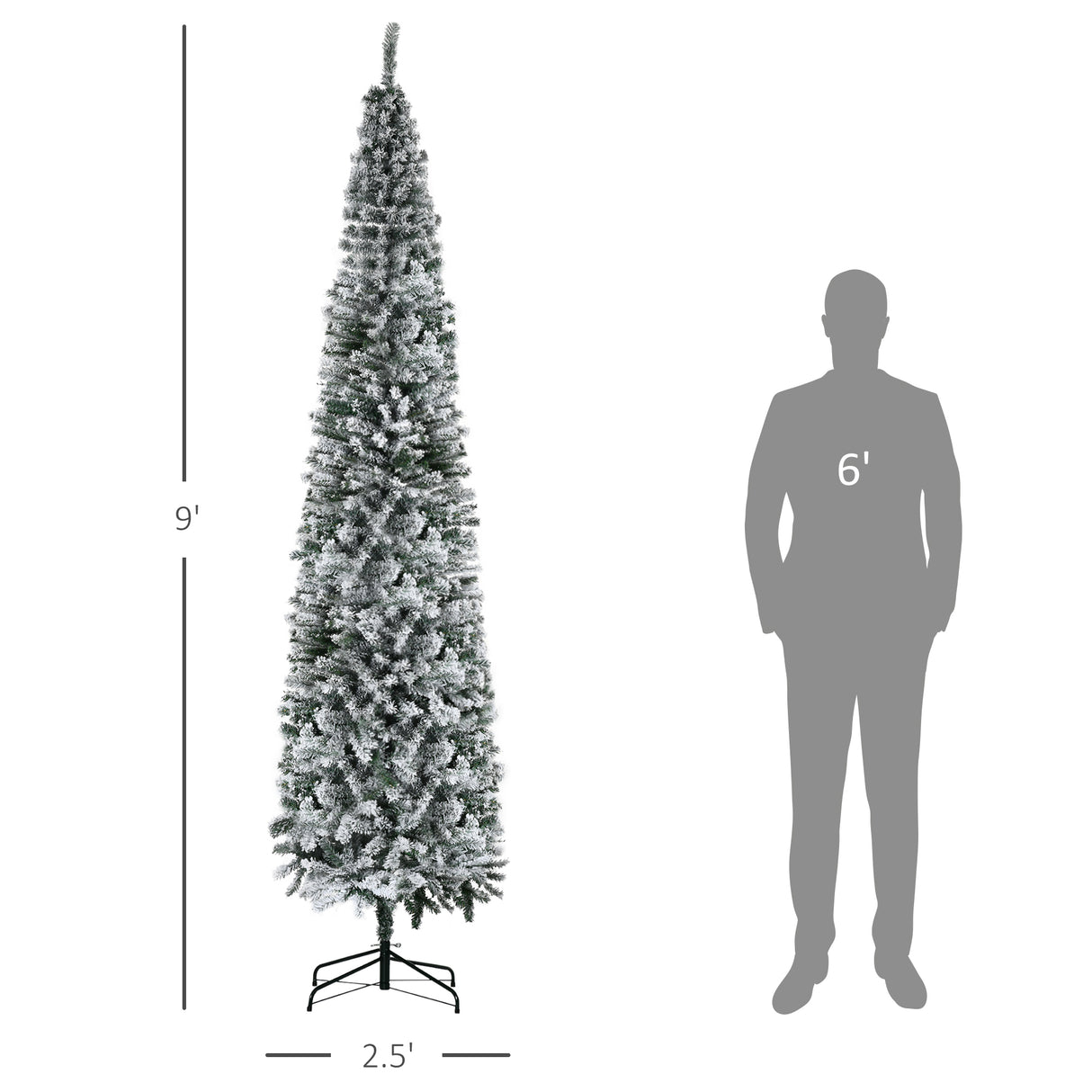 HOMCOM 9' Tall Unlit Snow-Flocked Slim Artificial Christmas Tree