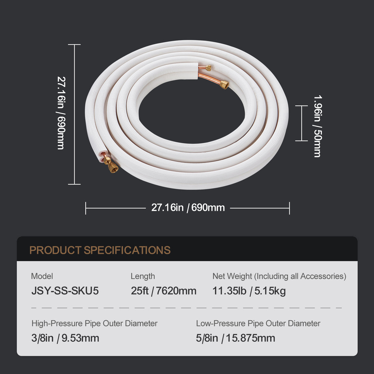 25FT Mini Split Line Set, 3/8" & 5/8" O.D