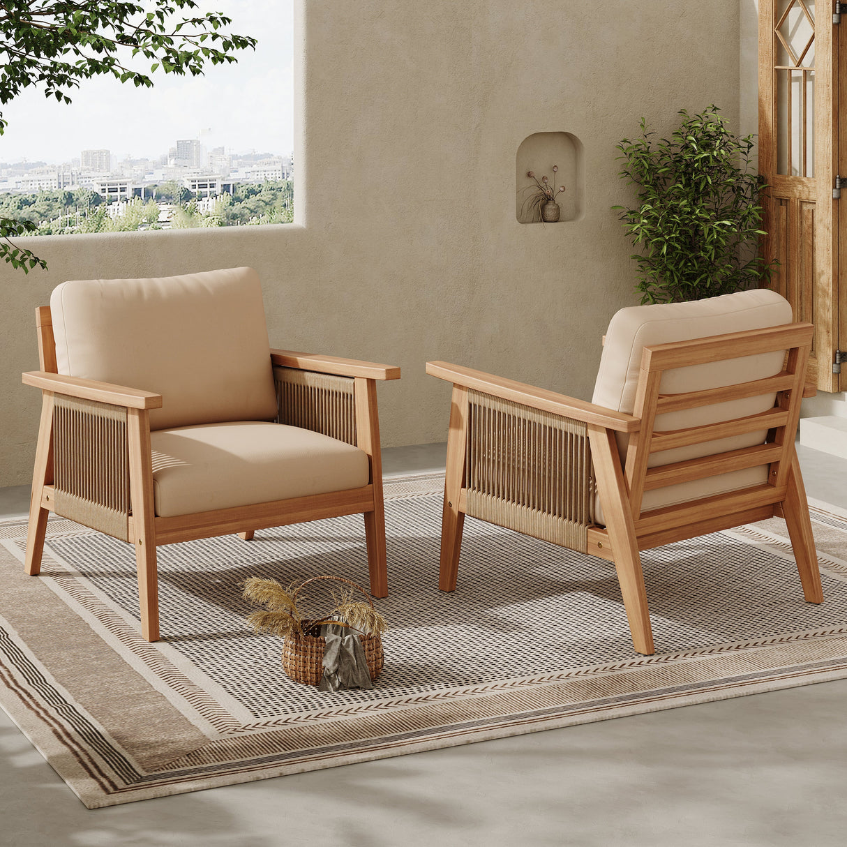 Outdoor Acacia Wood and Rope Patio Chair with Cushions (Set of 2)