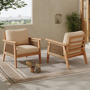 Outdoor Acacia Wood and Rope Patio Chair with Cushions (Set of 2)