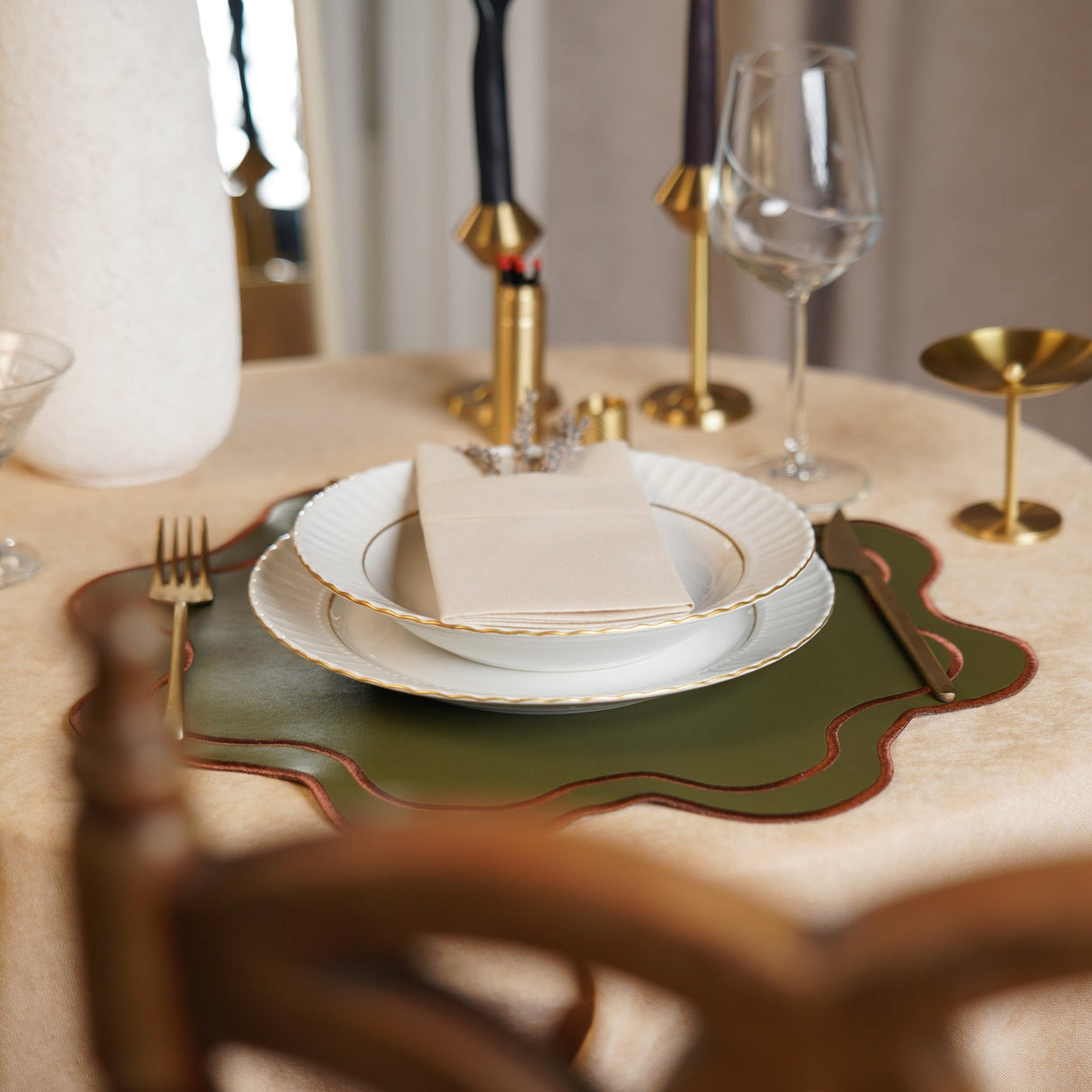 Haven Dark Green Brown Trim Faux Leather Placemat