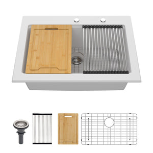 Quartz Kitchen Sink 30" X 22" Granite Composite Workstation Drop In Sink - White