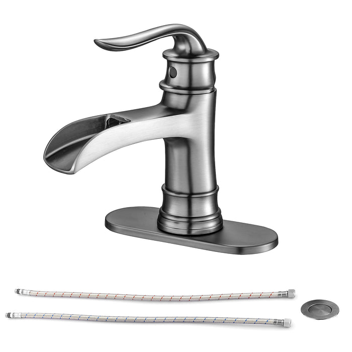 Brushed Nickel Waterfall Spout Bathroom Faucet with Single Handle and Pop Up Drain