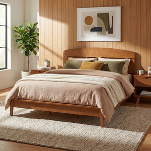 King Size Solid Wood Platform Bed with Curved Headboard